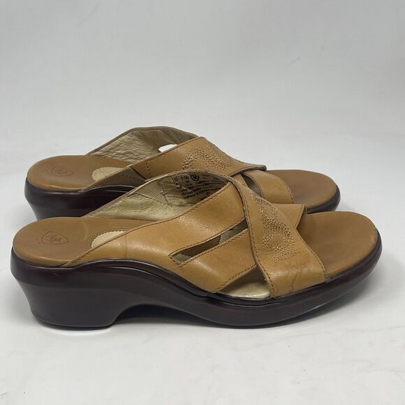 Ariat Wedge Heel Slide Sandals Womens 8.5 B Tan Brown Leather Stitching Western - Picture 3 of 15
